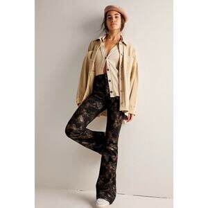 NWT Free People Jayde Black Tie Printed Metallic Black Flare Jeans